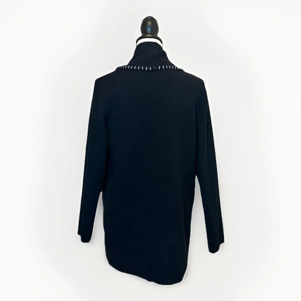 Magaschoni Sweater Women’s Large Black Cardigan White Stitch Trim Front Pockets - Picture 2 of 9